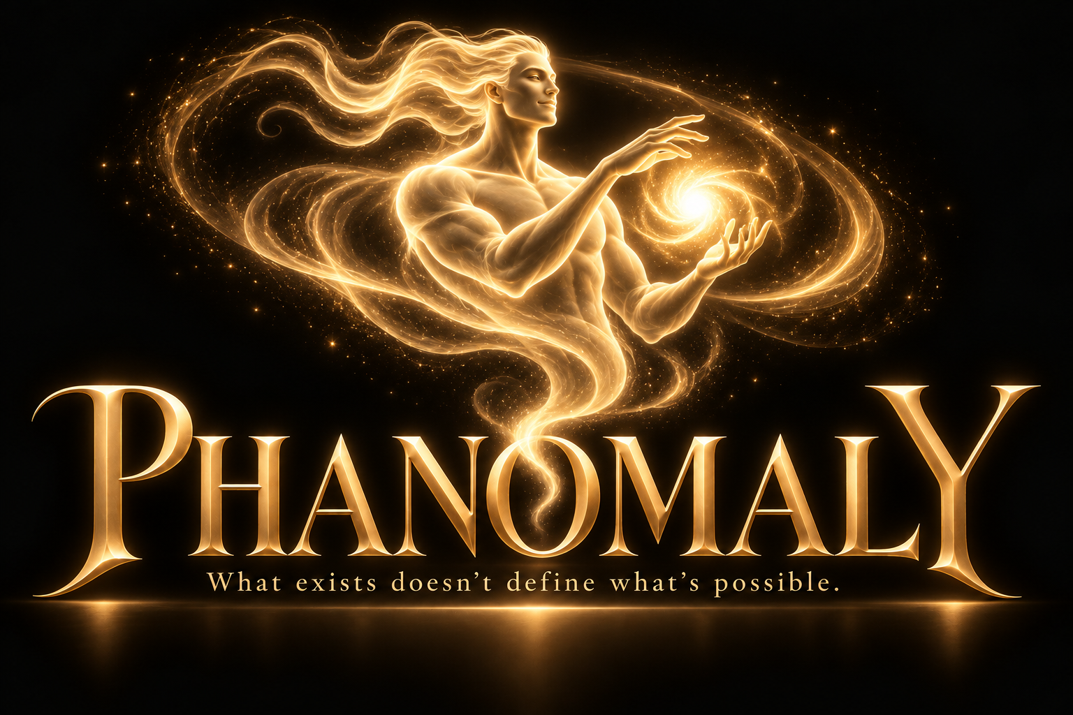 Phanomaly in gold beneath a luminous figure holding a swirling light. What exists doesn’t define what’s possible.